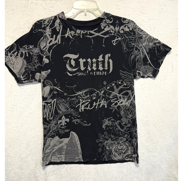 Truth Soul Armor Mens T Shirt Black All Over Graphic Print Gothic Tattoo Size M - Picture 1 of 11